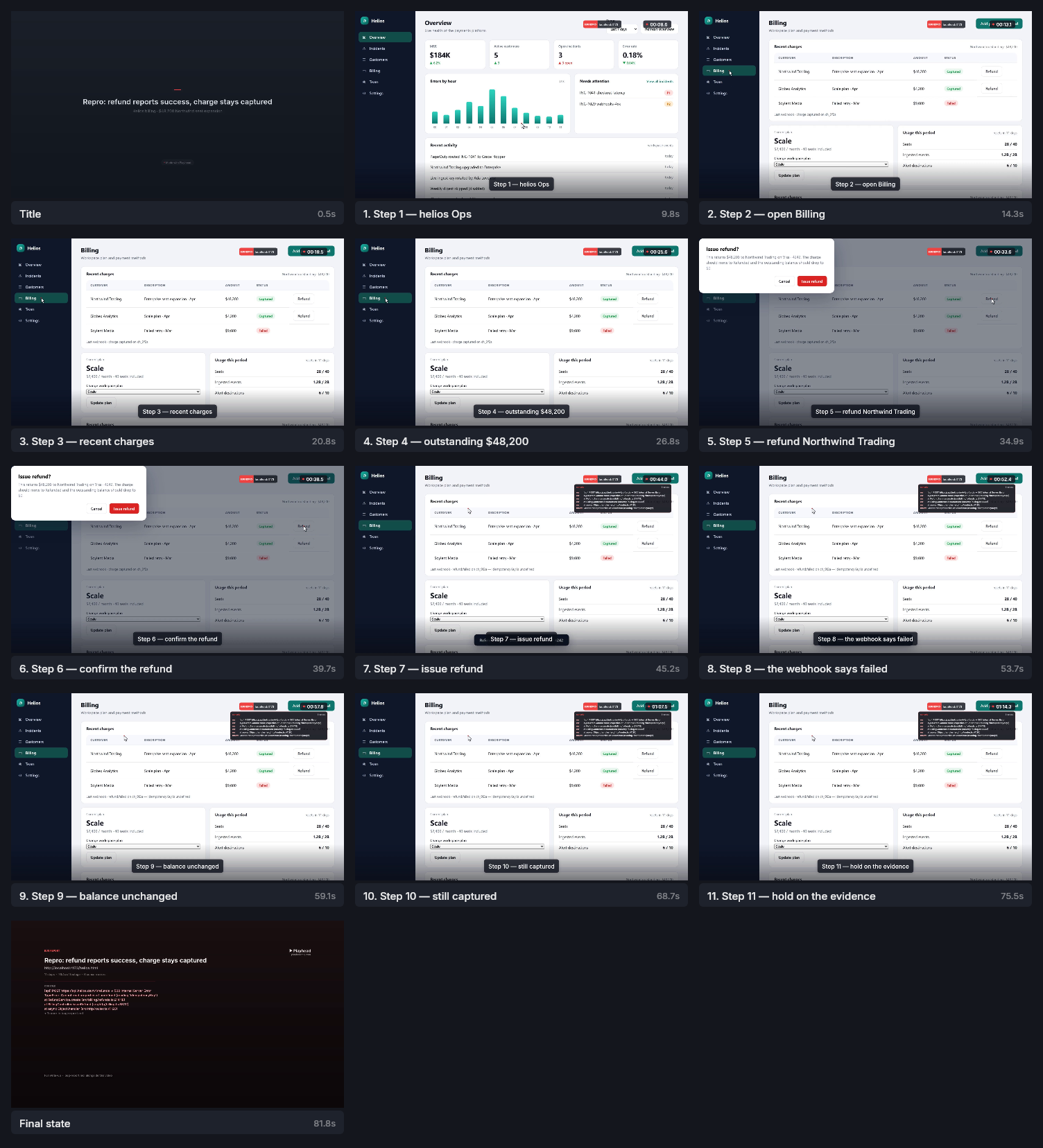 Annotated contact sheet of key moments from the bug render